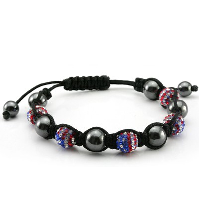 USA PATRIOT COLORFUL SHAMBALA DISCO BALL OF CRYSTAL W/ 6 PCS BLACK ROUND AGATE BRACELET