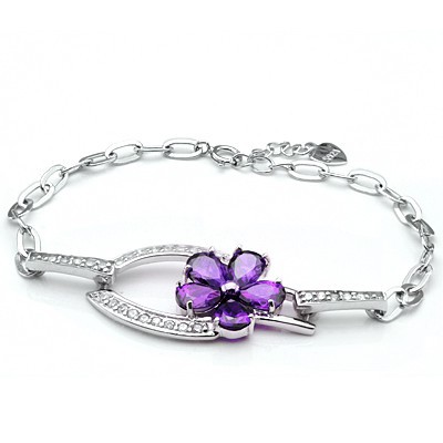 ELEGANT PURPLE CREATED GEMSTONES FLOWER DESIGN 0.925 STERLING SILVER W/ PLATINUM BRACELET