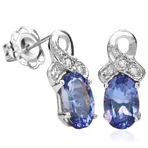 GLAMOROUS 0.84 CT GENUINE TANZANITE & 2 PCS WHITE DIAMOND 0.925 STERLING SILVER W/ PLATINUM EARRINGS