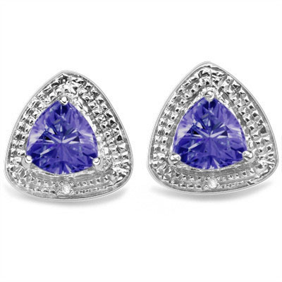 SMASHING 1.2 CARAT LAB TANZANITE WITH DOUBLE GENUINE DIAMONDS PLATINUM OVER 0.925 STERLING SILVER EARRINGS