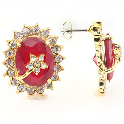 EXCELLENT! DELICATE RED CREATED GARNET GEMSTONES YELLOW ALLOY EARRINGS