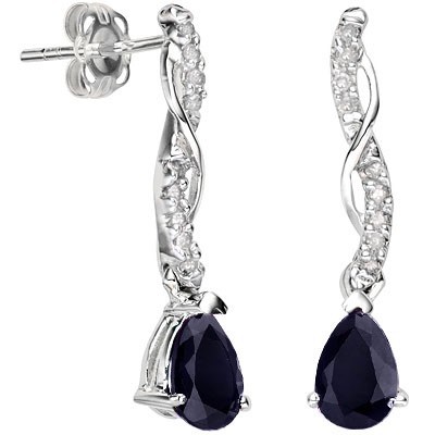 SMASHING 1.05 CT GENUINE SAPPHIRE WITH DOUBLE DIAMOND 0.925 STERLING SILVER W/ PLATINUM EARRINGS