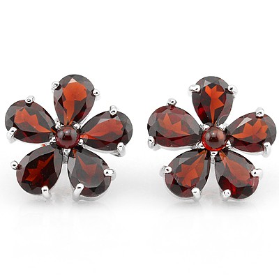 ELEGANT RED GARNET FLOWER DESIGN 0.925 STERLING SILVER W/ PLATINUM EARRINGS