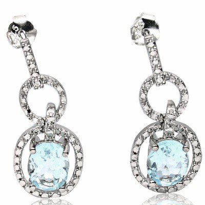 MARVELOUS 2.82 CT BLUE TOPAZ WITH DFOUBLE DIAMOND 0.925 STERLING SILVER W/ PLATINUM EARRINGS