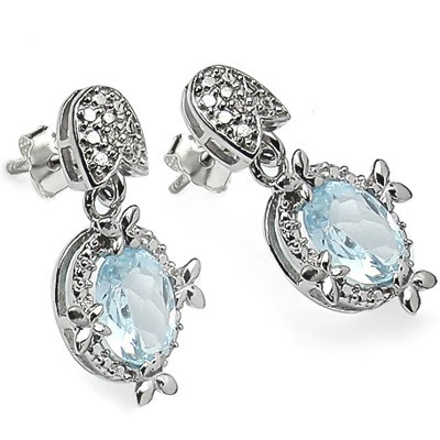 MESMERIZING 2.82 CT BLUE TOPAZ & 2 PCS WHITE DIAMOND 0.925 STERLING SILVER W/ PLATINUM EARRINGS