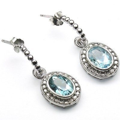 PRECIOUS 2.82 CT BLUE TOPAZ & 2 PCS WHITE DIAMOND 0.925 STERLING SILVER W/ PLATINUM EARRINGS