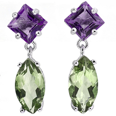 DAZZLING 7.92 CARAT GREEN AMETHYST & AMETHYST PLATINUM OVER 0.925 STERLING SILVER EARRINGS