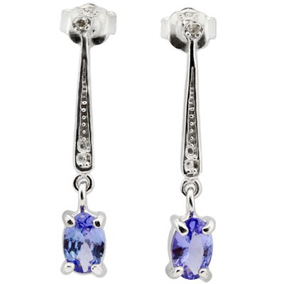 DELICATE GENUINE TANZANITE WITH DOUBLE GENUINE DIAMONDS 0.925 STERLING SILVER W/ PLATINUM EARRINGS