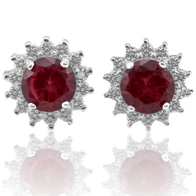 SMASHING 2.00 CT CREATED RUBY WITH DOUBLE GENUINE DIAMONDS PLATINUM OVER 0.925 STERLING SILVER EARRINGS