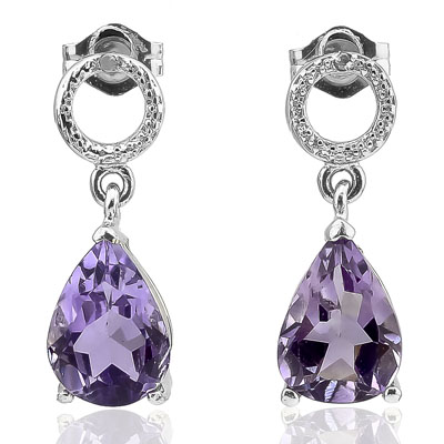 SMASHING 3.30 CARAT AMETHYST WITH DOUBLE GENUINE DIAMONDS PLATINUM OVER 0.925 STERLING SILVER EARRINGS