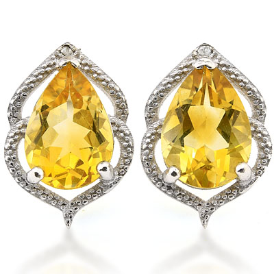 SMASHING 3.2 CARAT CITRINE WITH GENUINE DIAMONDS PLATINUM OVER 0.925 STERLING SILVER EARRINGS