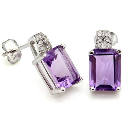 LOVELY 1.45 CT AMETHYST & 12 PCS CREATED WHITE SAPPHIRE 0.925 STERLING SILVER W/ PLATINUM EARRINGS