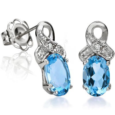 SPARKLING 1.08 CT SWISS TOPAZ DOUBLE WHITE DIAMOND 0.925 STERLING SILVER W/ PLATINUM EARRINGS