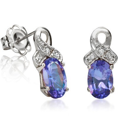 AMAZING 0.85 CT GENUINE TANZANITE DOUBLE WHITE DIAMOND 0.925 STERLING SILVER W/ PLATINUM EARRINGS