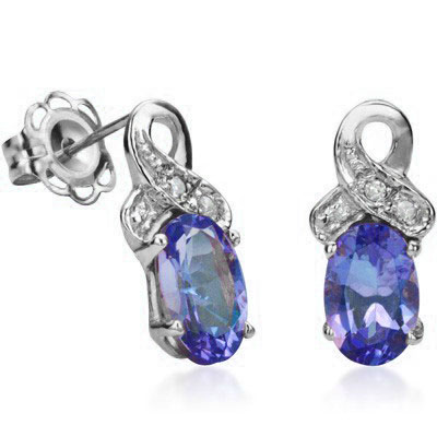 ELITE 0.94 CT GENUINE TANZANITE WITH DOUBLE GENUINE DIAMONDS 0.925 STERLING SILVER W/ PLATINUM EARRINGS