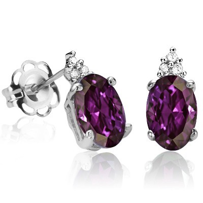 BEAUTIFUL! 1.123 CTW CREATED BYZANTIUM ALEXANDRITE W/ 6 PCS GENUINE WHITE DIAMONDS IN 0.925 STERLING SILVER W/ PLATINUM EARRINGS