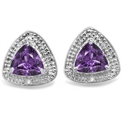 GLAMOROUS 1.33 CT PURPLE AMETHYST DOUBLE WHITE DIAMOND 0.925 STERLING SILVER W/ PLATINUM EARRINGS