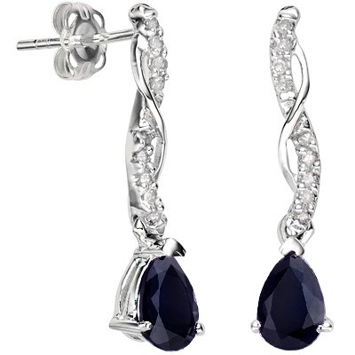AMAZING FULL CARAT GENUINE SAPPHIRE & DOUBLE WHITE DIAMOND 0.925 STERLING SILVER W/ PLATINUM EARRINGS