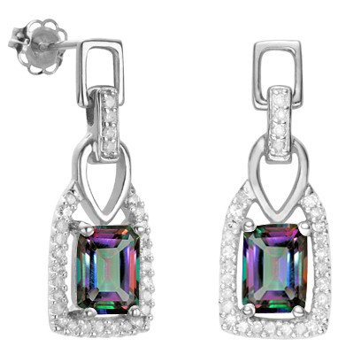 BEAUTIFUL MAGICAL RAINBOW MYSTIC TOPAZ DOUBLE WHITE DIAMOND 0.925 STERLING SILVER W/ PLATINUM EARRINGS