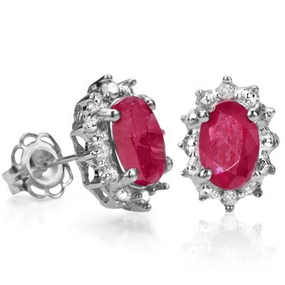 EXCELLENT 1.19 CT GENUINE RUBY DOUBLE WHITE DIAMOND 0.925 STERLING SILVER W/ PLATINUM EARRINGS
