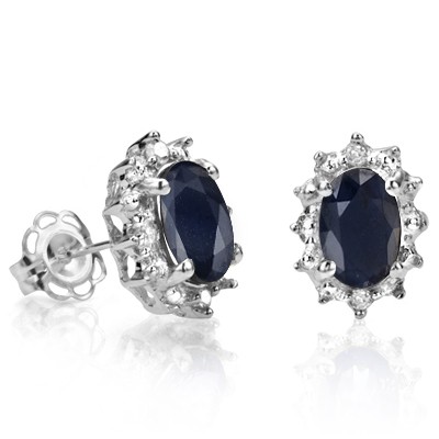 GLITTERING 1.25 CT GENUINE BLACK SAPPHIRE DOUBLE WHITE DIAMOND 0.925 STERLING SILVER W/ PLATINUM EARRINGS