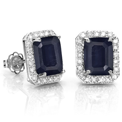 CLASSIC 3.50 CT GENUINE BLACK SAPPHIRE WITH DOUBLE DIAMONDS 0.925 STERLING SILVER W/ PLATINUM EARRINGS