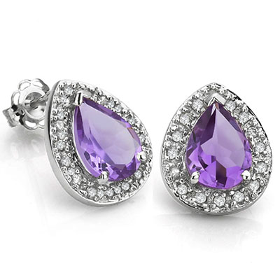MARVELOUS 0.85 CARAT AMETHYST & DOUBLE GENUINE DIAMONDS PLATINUM OVER 0.925 STERLING SILVER EARRINGS
