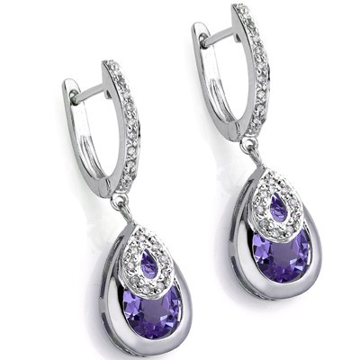 ELEGANT 2.47 CT AMETHYST DOUBLE WHITE DIAMOND 0.925 STERLING SILVER W/ PLATINUM EARRINGS