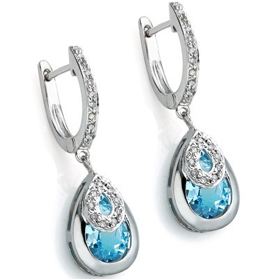 DAZZLING 6.26 CT BLUE TOPAZ DOUBLE WHITE DIAMOND 0.925 STERLING SILVER W/ PLATINUM EARRINGS