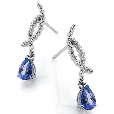 FASCINATING 0.71 CT GENUINE TANZANITE DOUBLE WHITE DIAMOND 0.925 STERLING SILVER W/ PLATINUM EARRINGS