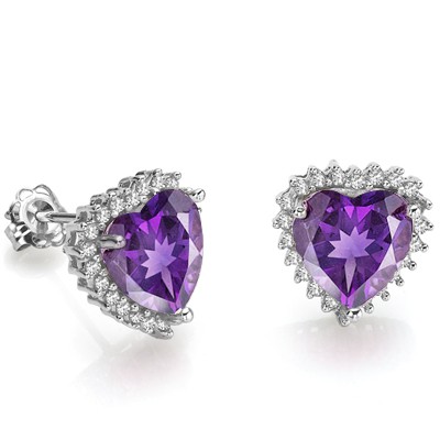 LOVING HEART AMETHYST & GENUINE WHITE DIAMOND 0.925 STERLING SILVER EARRINGS