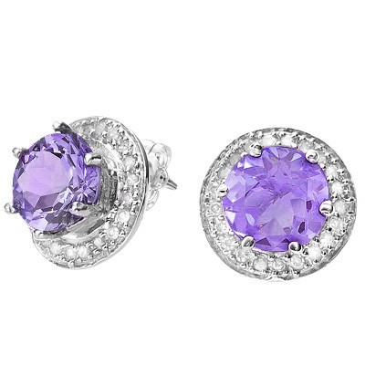 GLAMOROUS 1.51 CT AMETHYST DOUBLE WHITE DIAMOND 0.925 STERLING SILVER W/ PLATINUM EARRINGS