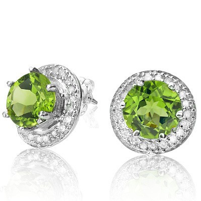 STUNNING 1.79 CT GREEN PERIDOT DOUBLE WHITE DIAMOND 0.925 STERLING SILVER W/ PLATINUM EARRINGS