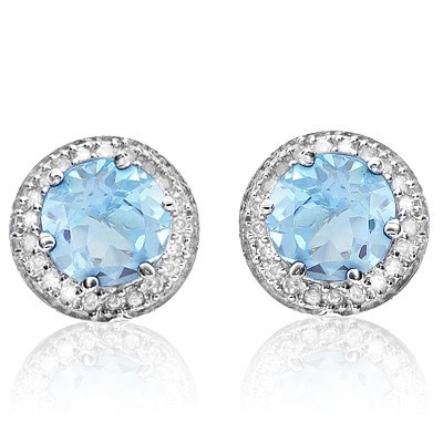 FABULOUS 1.94 CT SKY BLUE TOPAZ DOUBLE WHITE DIAMOND 0.925 STERLING SILVER W/ PLATINUM EARRINGS