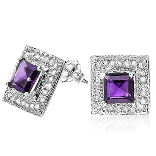 LOVELY 1.30 CT GUNUINE AMETHYST DOUBLE WHITE DIAMOND 0.925 STERLING SILVER W/ PLATINUM EARRINGS