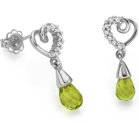 PETITE 1.63 CT GREEN PERIDOT DOUBLE WHITE DIAMOND 0.925 STERLING SILVER W/ PLATINUM EARRINGS