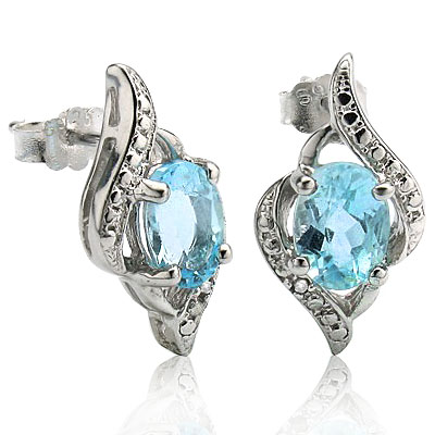 PERFECT 2.00 CT BLUE TOPAZ WITH DOUBLE DIAMONDS 0.925 STERLING SILVER W/ PLATINUM EARRINGS