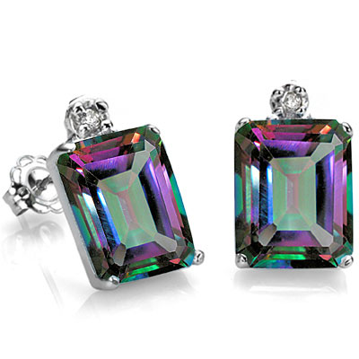 BEAUTIFUL 0.86 CT MYSTIC TOPAZ WITH DOUBLE DIAMONDS 0.925 STERLING SILVER W/ PLATINUM EARRINGS