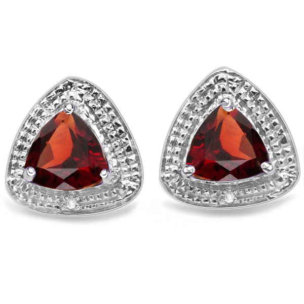 EXQUISITE 3.1 CARAT GARNET & DOUBLE GENUINE DIAMONDS PLATINUM OVER 0.925 STERLING SILVER EARRINGS