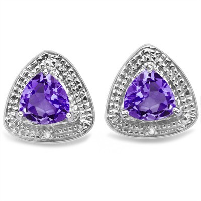 WONDERFUL 1.88 CT AMETHYST & 2 PCS WHITE DIAMOND 0.925 STERLING SILVER W/ PLATINUM EARRINGS