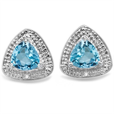 EXCELLENT SKY BULE TOPAZ & GENUINE WHITE DIAMOND 0.925 STERLING SILVER W/ PLATINUM EARRINGS