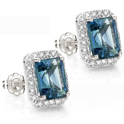 （See Video Inside）STUNNING 4.08 CT LONDON BLUE TOPAZ & 42 PCS WHITE DIAMOND 14K SOLID WHITE GOLD EARRINGS