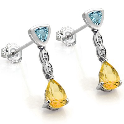 LOVELY 1.83 CT CITRINE & 2 PCS BLUE TOPAZ 0.925 STERLING SILVER W/ PLATINUM EARRINGS