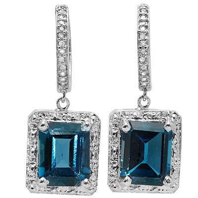 5 2/3 CARAT CREATED LONDON BLUE TOPAZ & 1/5 CARAT 26 PCS DIAMOND 925 STERLING SILVER EARRINGS