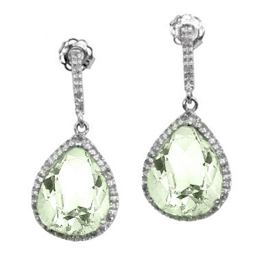 9 CARAT GREEN AMETHYST & 16 PCS GENUINE DIAMOND 925 STERLING SILVER EARRINGS
