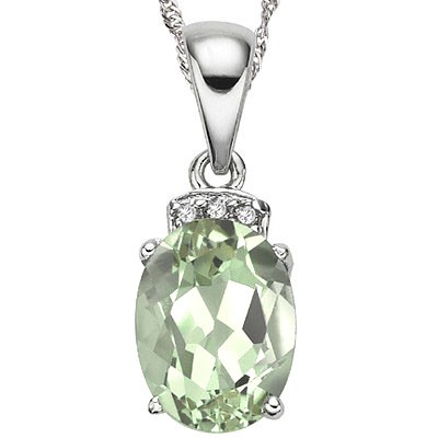 SPARKLING 1.50 CT GREEN AMETHYST & 3 PCS GENUINE DIAMONDS 0.925 STERLING SILVER W/ PLATINUM NECKLACE
