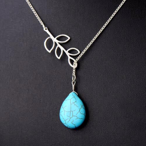 RETRO LEAVES TURQUOISE 18K GOLD PLATED GERMAN SILVER WATER DROPS NECKLACE