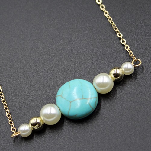 TURQUOISE & SYNTHETIC PEARL 18K GOLD PLATED GERMAN SILVER NECKLACE