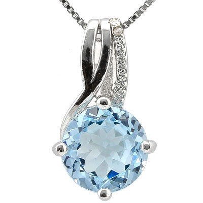 SMASHING 3.35 CARAT BLUE TOPAZ WITH DOUBLE GENUINE DIAMONDS PLATINUM OVER 0.925 STERLING SILVER PENDANT