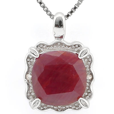 SMASHING 2.80 CT RUBY WITH DOUBLE GENUINE DIAMONDS PLATINUM OVER 0.925 STERLING SILVER PENDANT